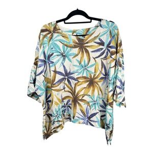 Lantana Casuals Linen Top Womens Sz M Blue Tropical Floral Hawaiian‎ Made In USA